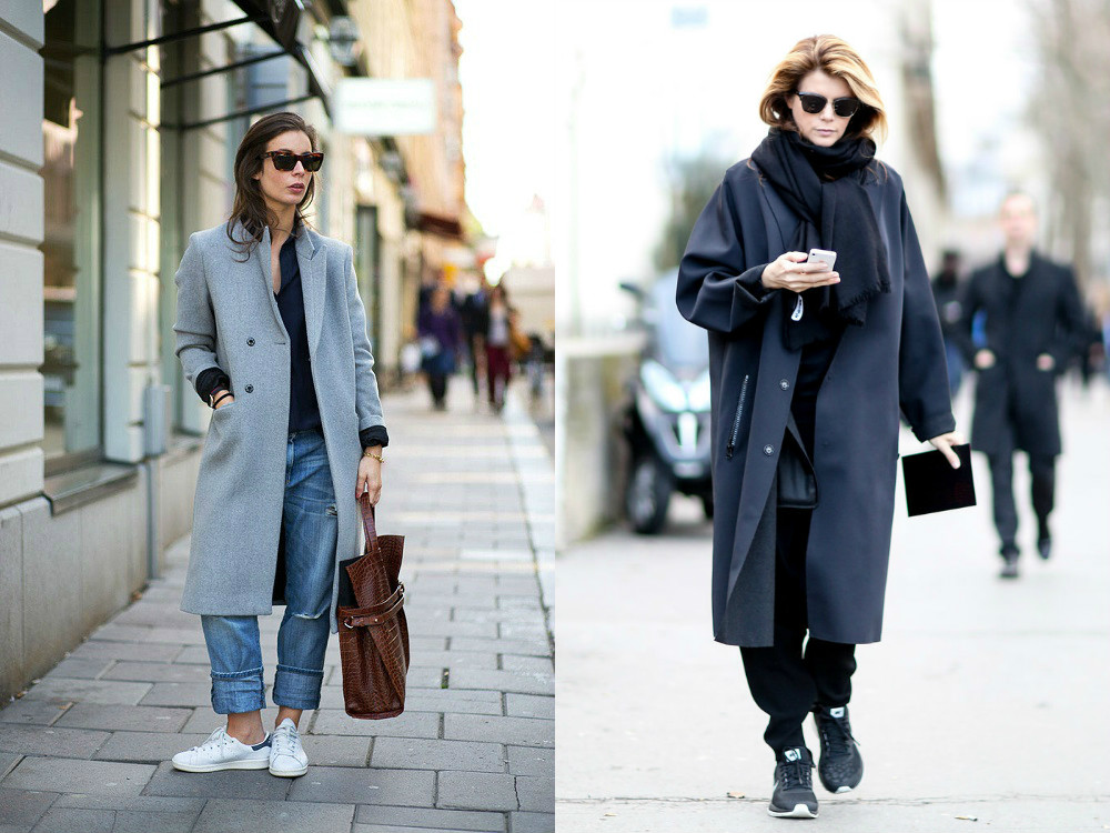 Какие кроссовки можно носить с пальто женское