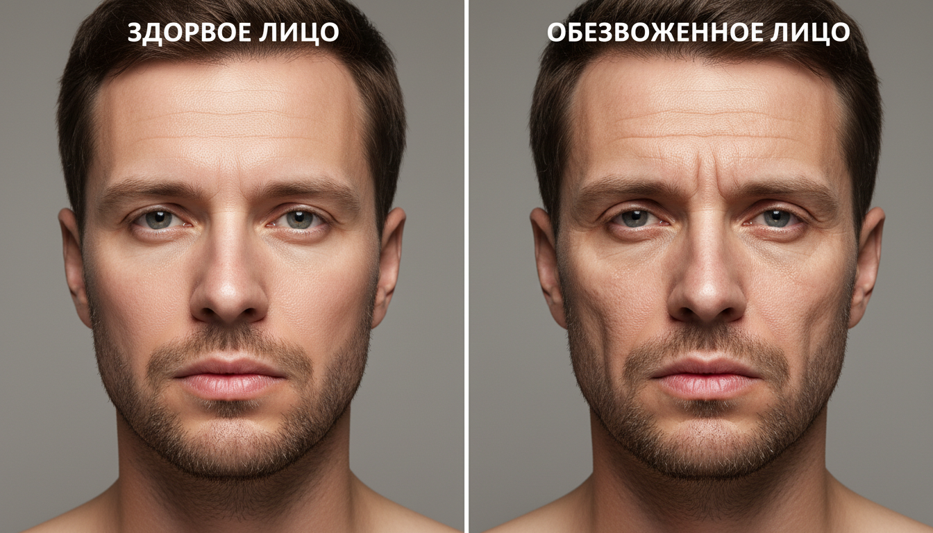 сравнение здорового мужского лица и лица с признаками обезвоживания морщинами