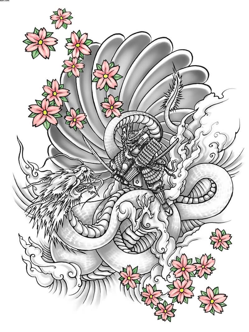 Японский дракон в цветах